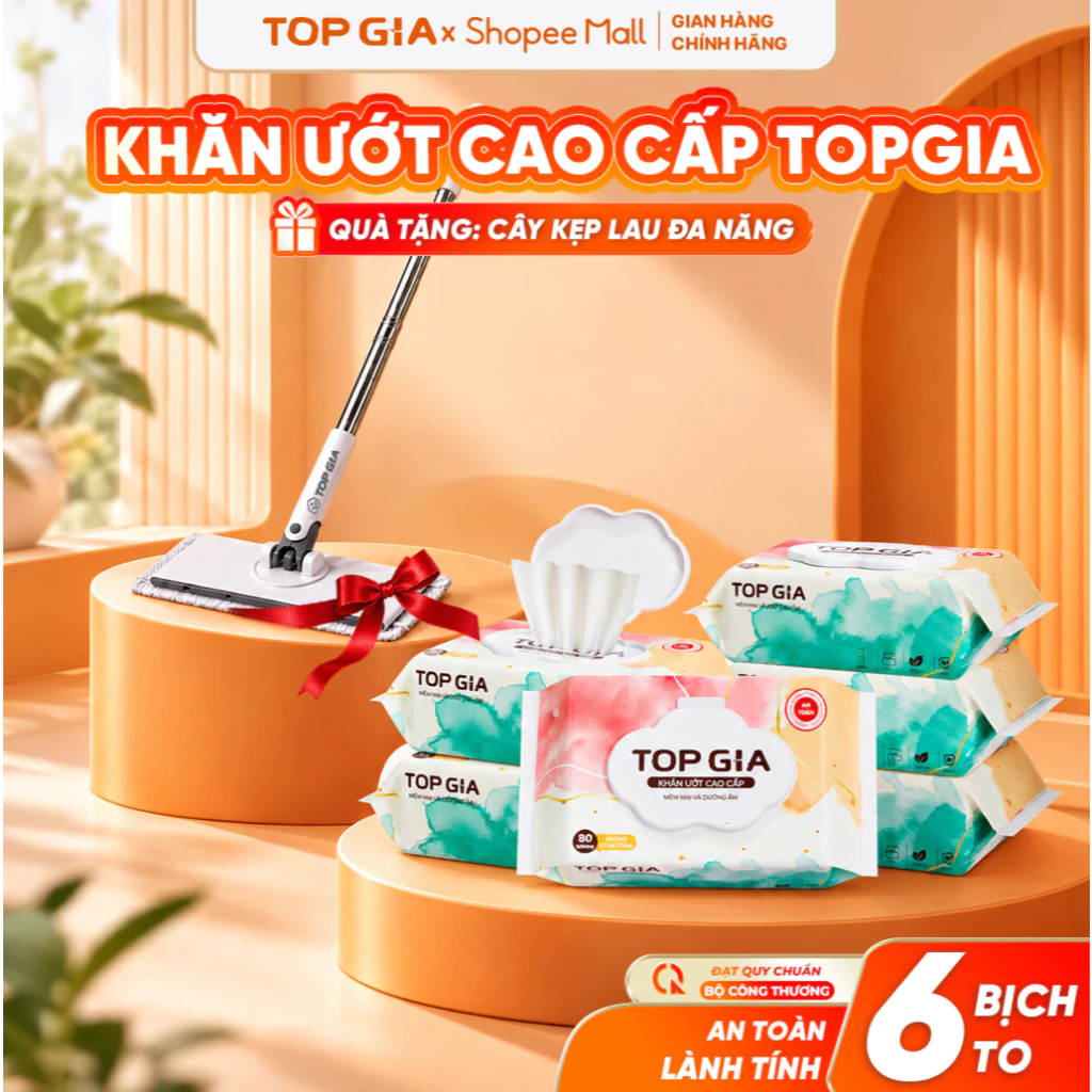 [TẶNG CÂY KẸP LAU] Khăn ướt cao cấp TopGia 80 tờ mềm mại, không mùi không parabens dành cho em bé