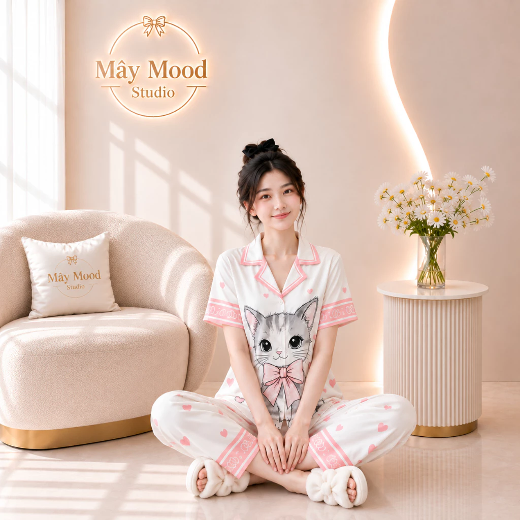 Pyjama Nữ Dễ Thương Cộc Dài Chất Lụa Mềm Mịn Màu Trắng Hồng Cá Tính Tiểu Thư Full Size 40-68kg