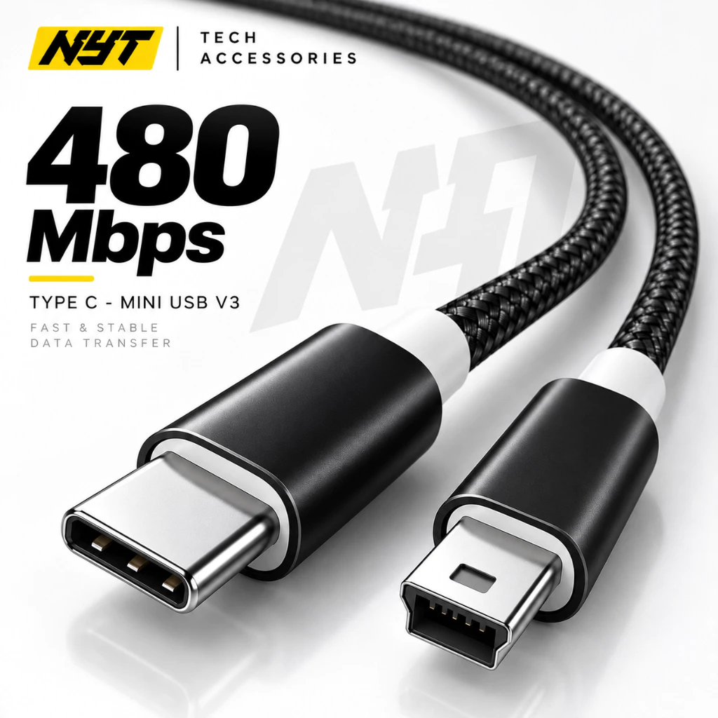 Cáp Sạc USB Type-C to Mini USB V3 Máy Ảnh dài 0.5M - 3M1 Màu Đen Bện Dù Cao Cấp