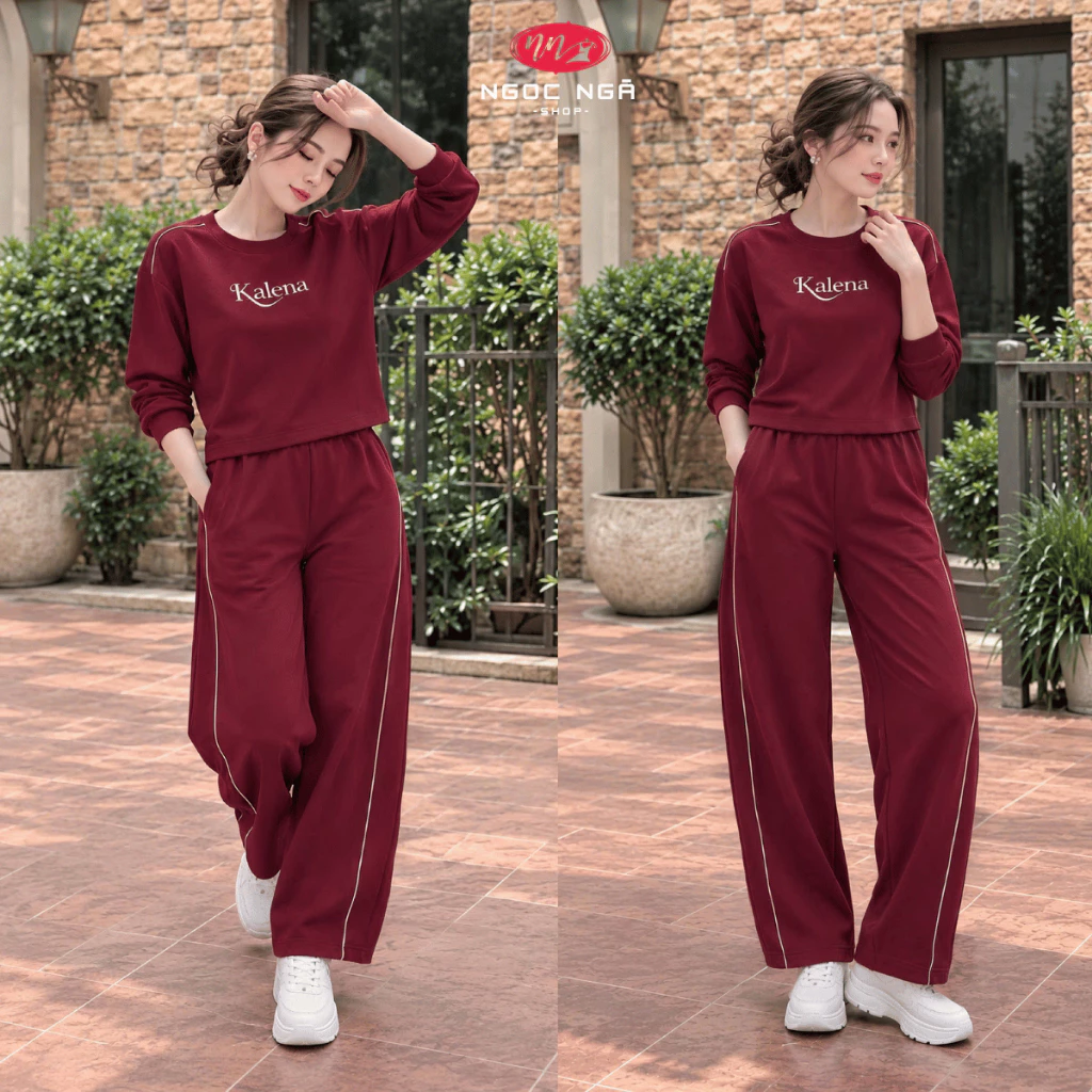 Bộ Nỉ Nữ Quần Chuối Áo Cổ Tròn Dài Tay Quần Dài Viền Sọc Chất Cotton Dày Dặn 8605