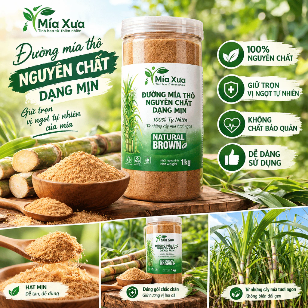 Đường Mía Thô Nguyên Chất Dạng Mịn Đường Nâu Sản Xuất Thủ Công Từ Nước Mía Tươi Hũ 1Kg