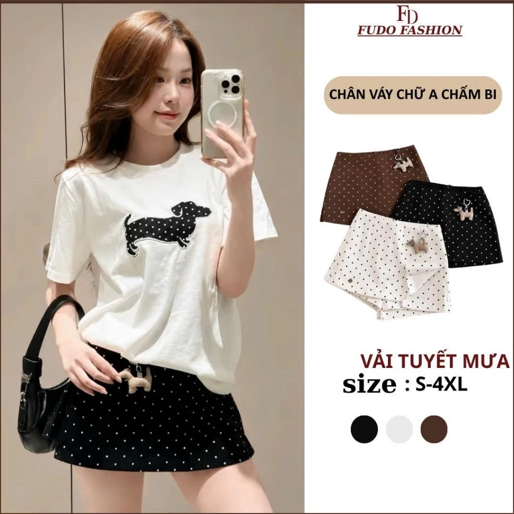 Chân váy chữ A chấm bi dáng ngắn 3 khoá kéo phong cách Hàn Quốc  [ TẶNG CHARM NGỰA ]