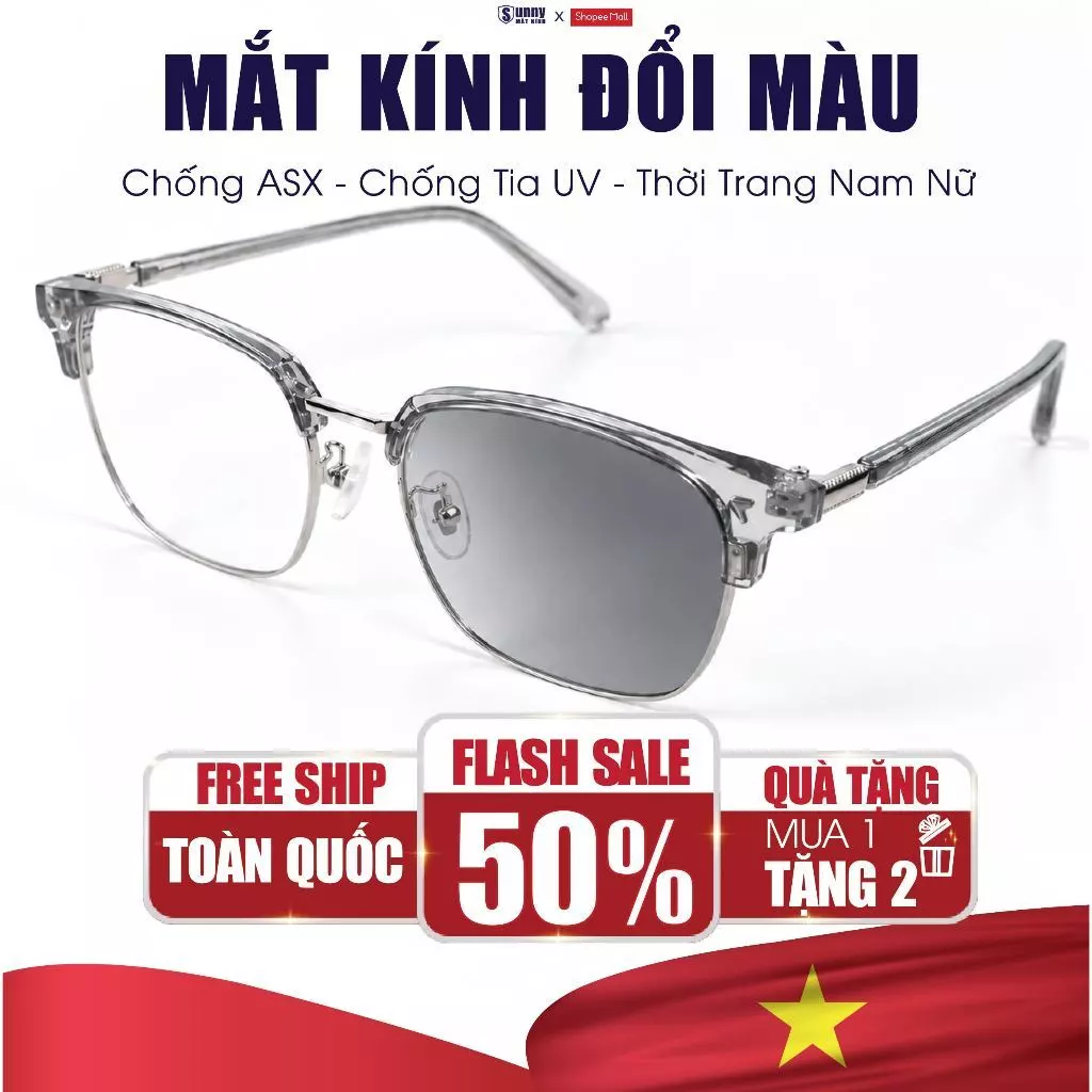 Mắt Kính Đổi Màu Dưới Nắng Gọng Kim Loại SUNNY MẮT KÍNH Chống UV Chống Ánh Sáng Xanh Phụ Kiện Thời Trang