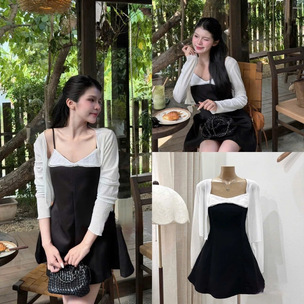 (Set 2 Món): Váy 2S Ngực Phối Ren Viền Thêu Hoa Thô Chất Tuyết Mưa Dày Dặn Mix Áo Khoác Trắng-Ảnh Thật Lollaye