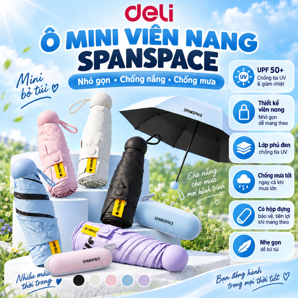 Ô dù mini gấp gọn chống tia UV UPF50+ siêu nhẹ kèm hộp che nắng che mưa du lịch, dã ngoại văn phòng