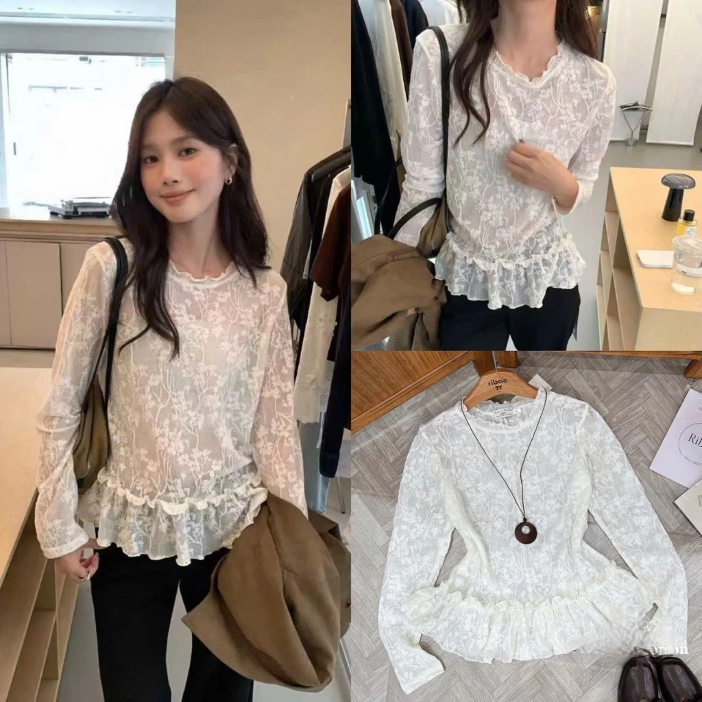 (Mở Bán): Áo Kem Ren Dài Tay Cổ Bèo Thêu Hoa Nổi Chân Xoè Mix Đồ Cực Xinh Chất Ren Mềm Không Dặm Ngứa -Ảnh Thật Lollaye