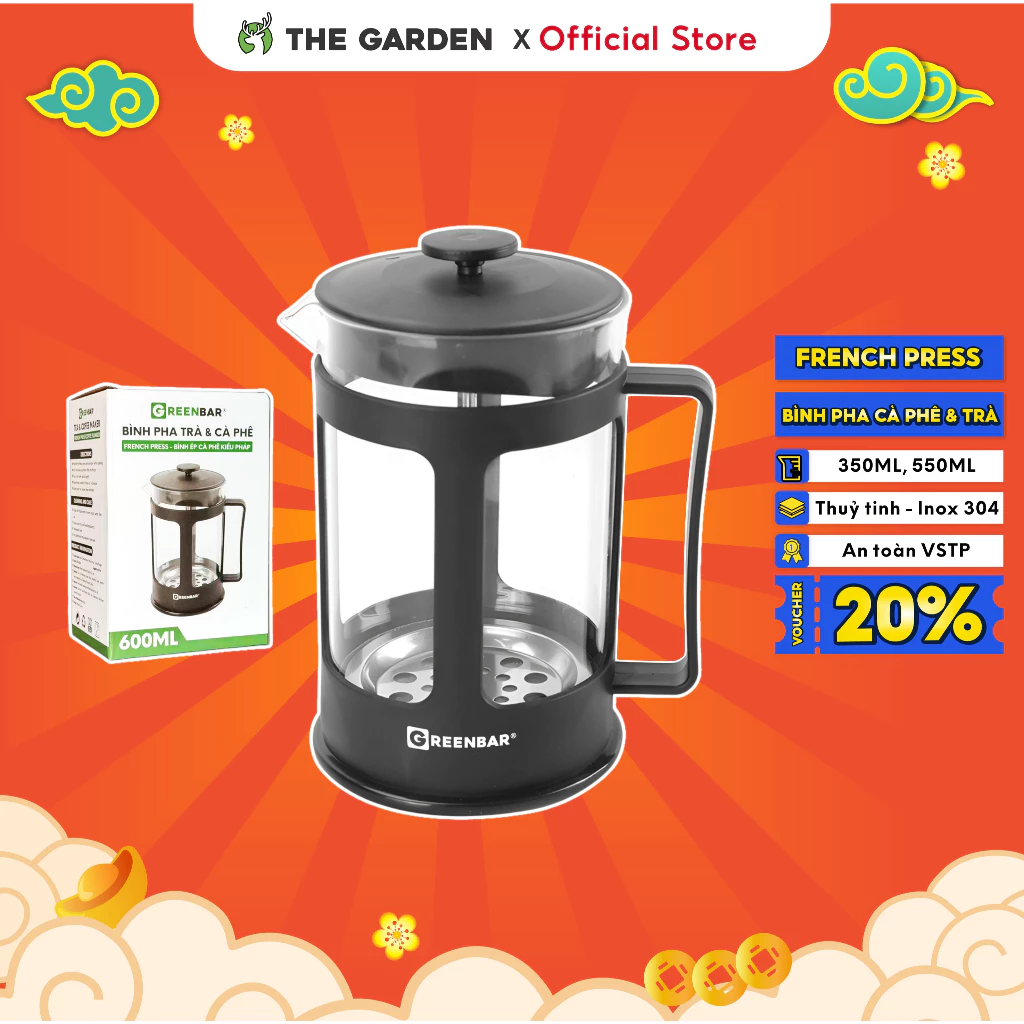 Phin pha cà phê French Press THE GARDEN IGWT x GREENBAR dung tích 350ml 600ml chất liệu borosilicate