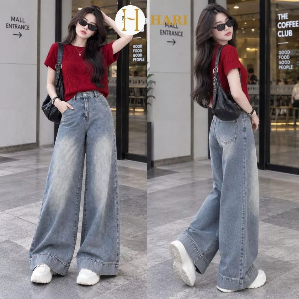 Quần Jean Nữ Ống Rộng Hari Màu Xanh Retro Cạp Cao Dáng Suông Tôn Dáng Phong Cách Hàn Quốc 668