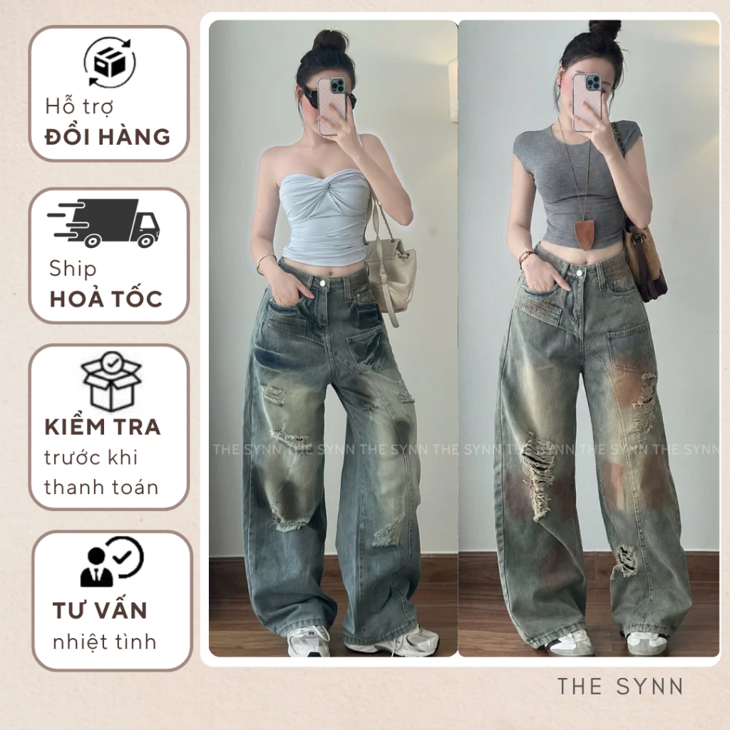 Q07 - Quần Jeans Ống Suông Form Phối Wash Bụi Phong Cách 2 Màu Cá Tính
