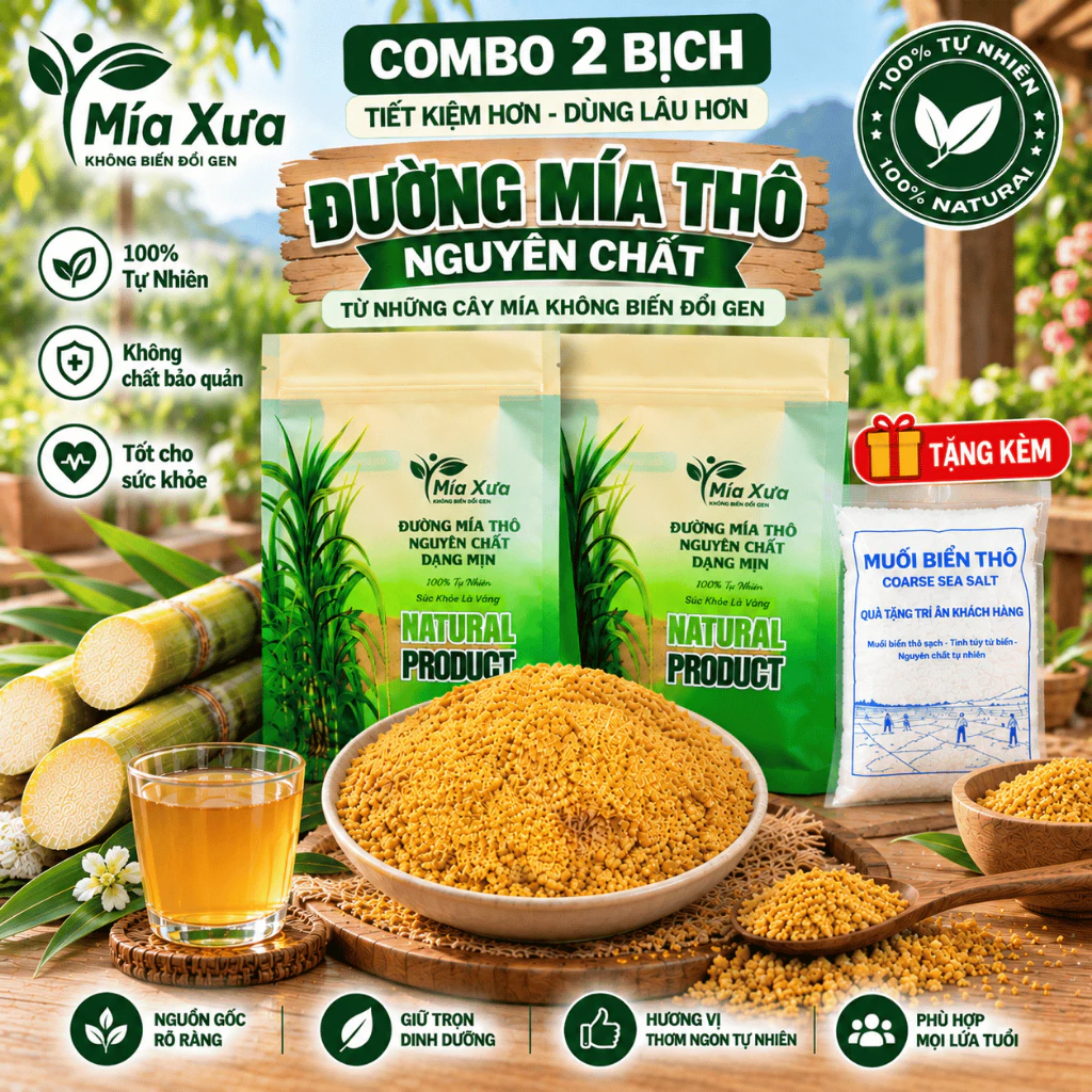 Combo 2 Bịch Đường Mía Thô Nguyên Chất Tặng Kèm Muối Biển Thô