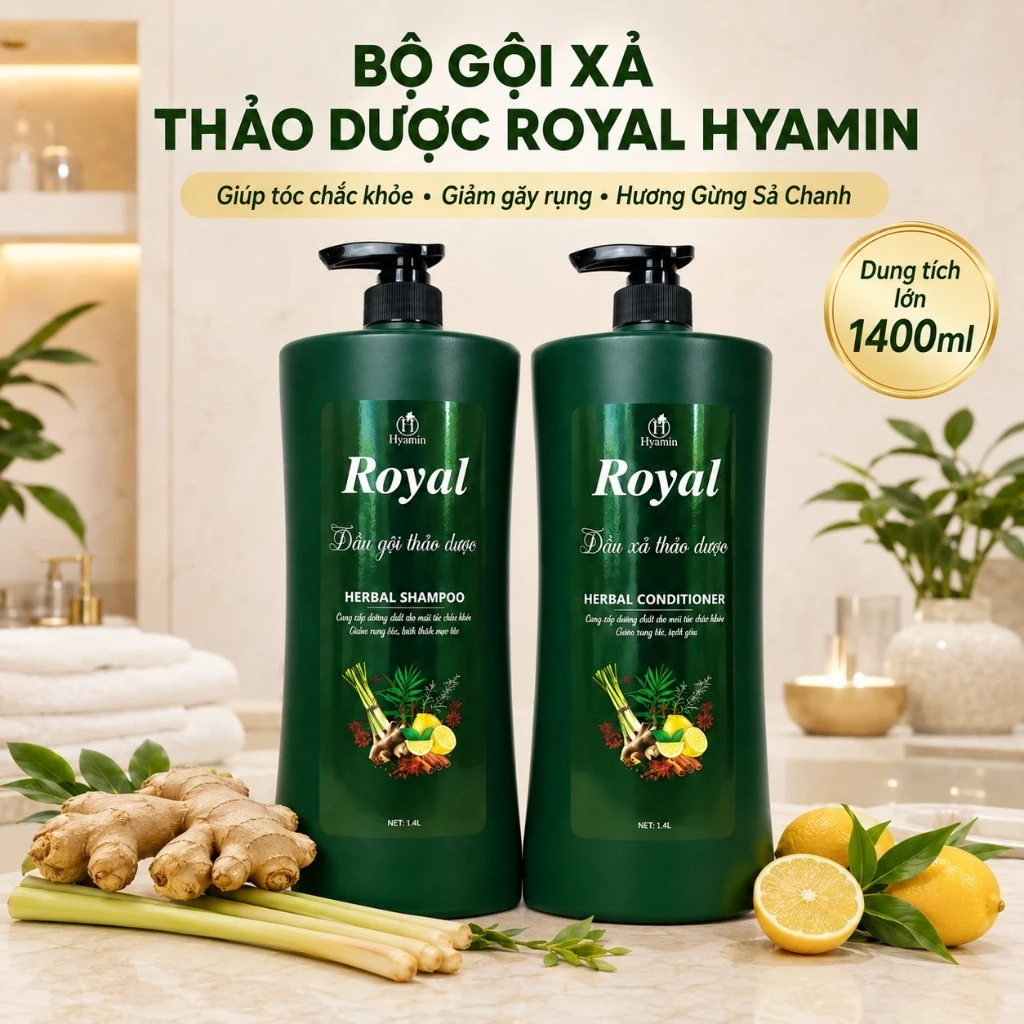 Bộ Dầu Gội Xả Thảo Dược Royal Gừng Sả Chanh Giảm Gãy Rụng Mềm Mượt Tóc 1400ml