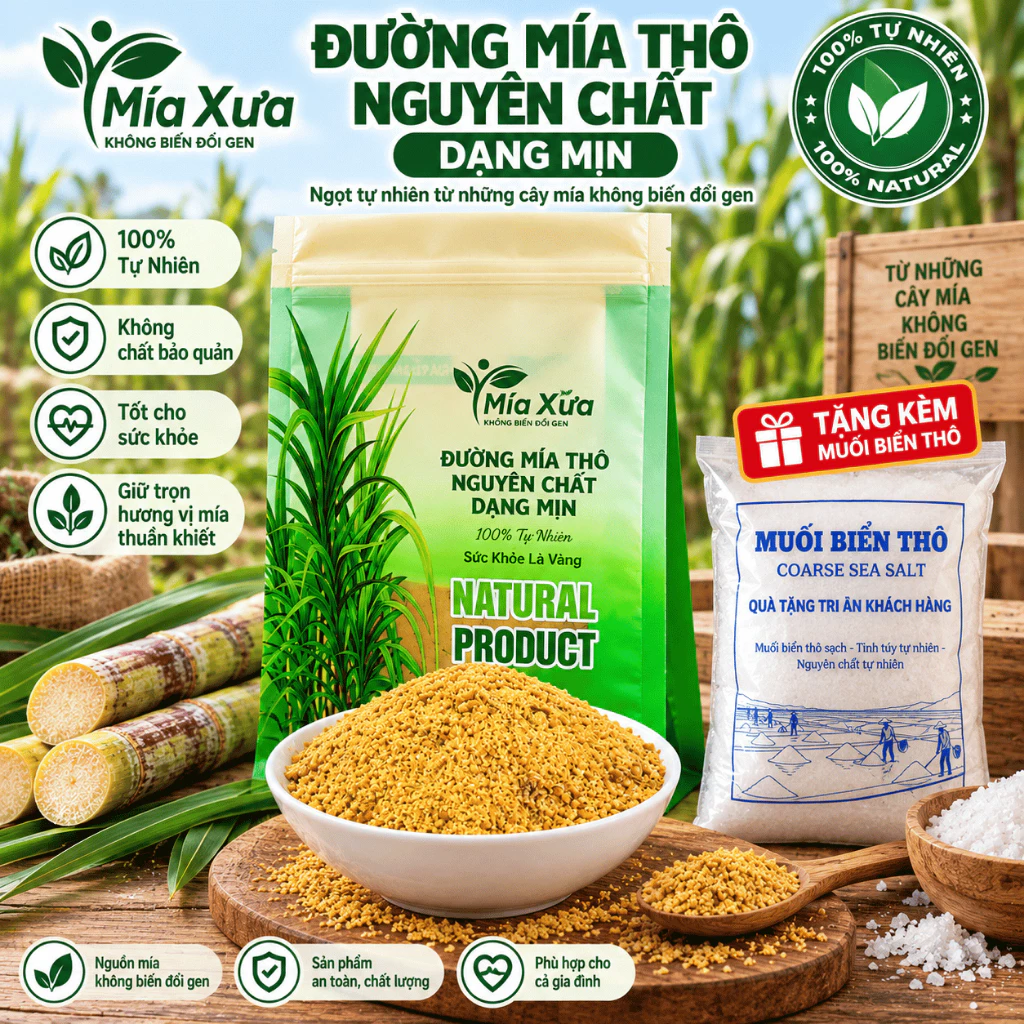 Đường Mía Thô Nguyên Chất Dạng Mịn Thương Hiệu Mía Xưa Bịch 500G