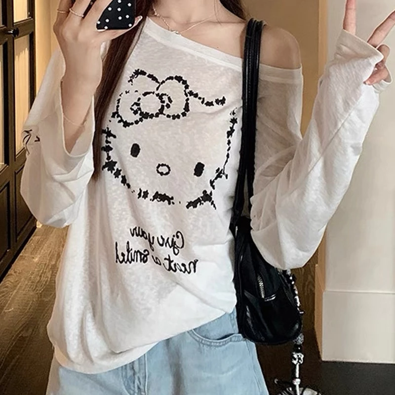 Áo Thun Giấy Nữ Lệch Vai in Hình Mèo Kitty, Áo Giấy Nữ Dài Tay Trễ Vai Coquette Dành Cho Nữ