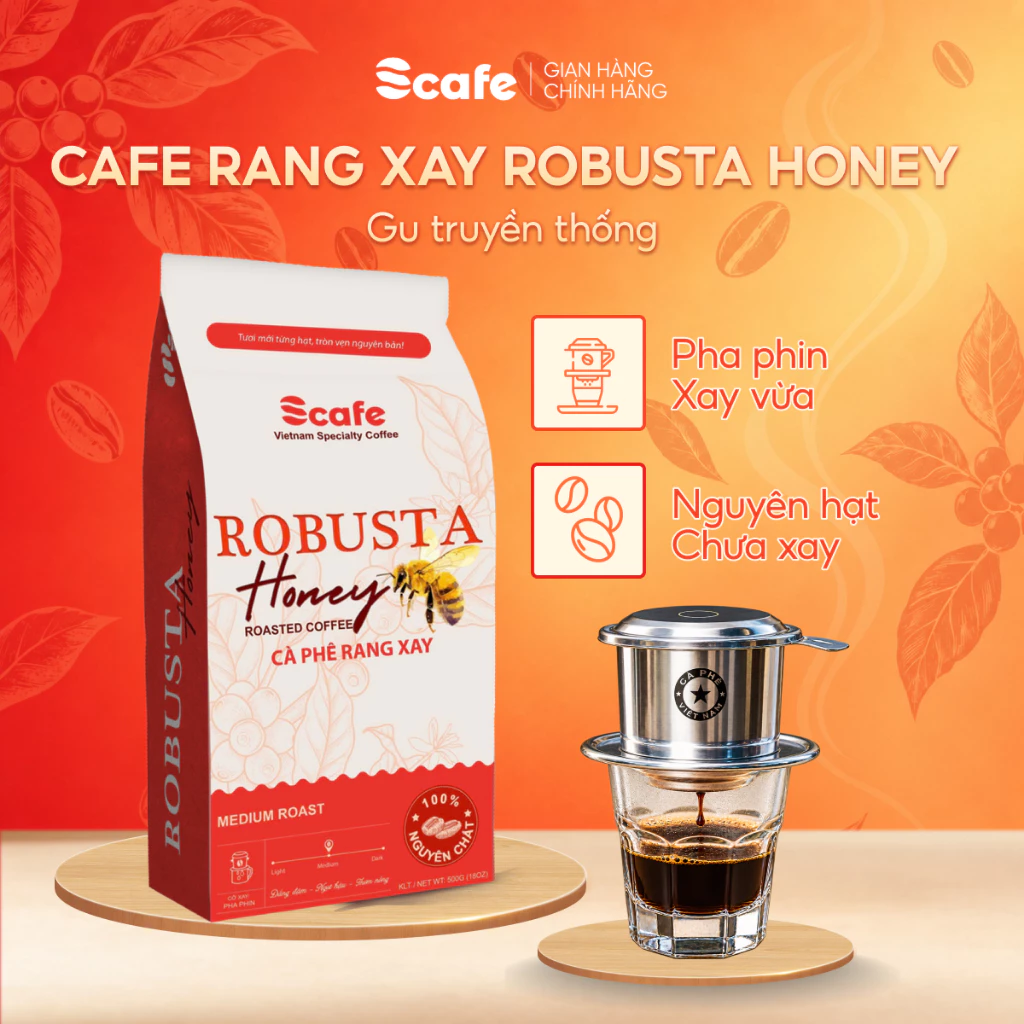 Cà phê rang xay nguyên chất Robusta Honney Gu truyền thống, đắng vừa, hậu ngọt, pha phin và pha máy