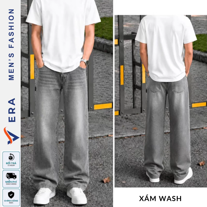 Quần Bò Dài Nam Form Suông Rộng Màu Xám Wash Khói Chất Denim Mềm Mịn Phong Cách Retro JeanSKTman