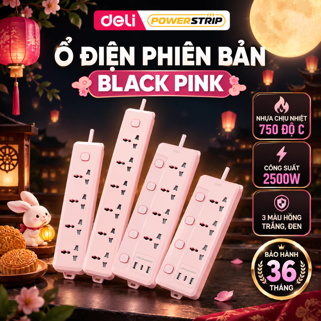 [🔥DEAL 15.9] Ổ Cắm Điện Đen Hồng DELI Công Suất 2500W, Ổ Điện Đa Năng Để Bàn Kết Hợp Cổng USB/ TypeC Sạc Nhanh 20W