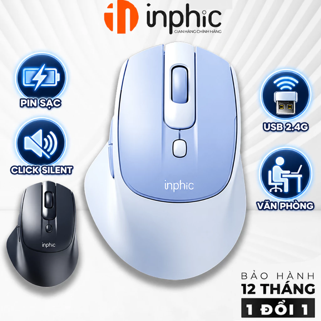 Chuột không dây bluetooth pin sạc INPHIC M2PRO tắt âm chống ồn văn phòng gaming công thái học laptop pc 6 nút bấm