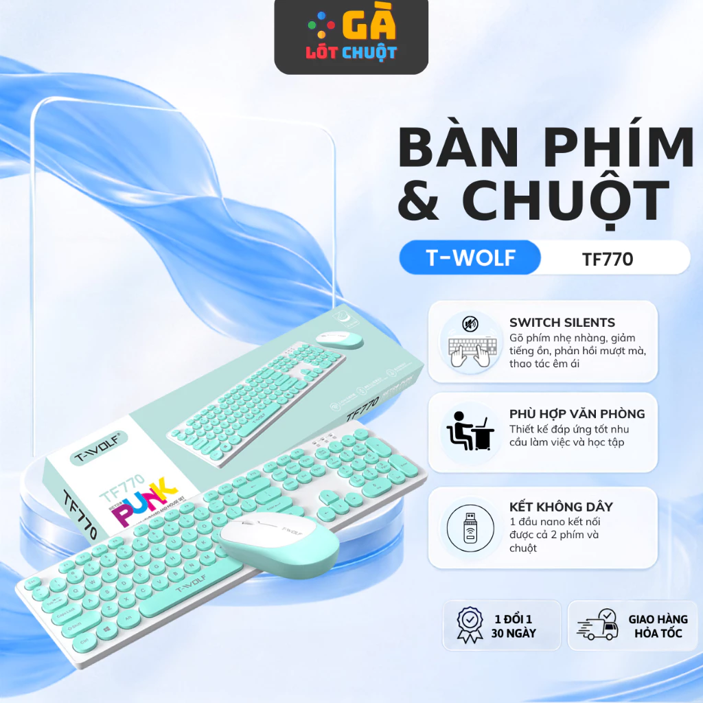 Bàn phím không dây kèm chuột máy tính không dây T-WOLF TF770, nút bấm tròn cổ điển - GÀ LÓT CHUỘT