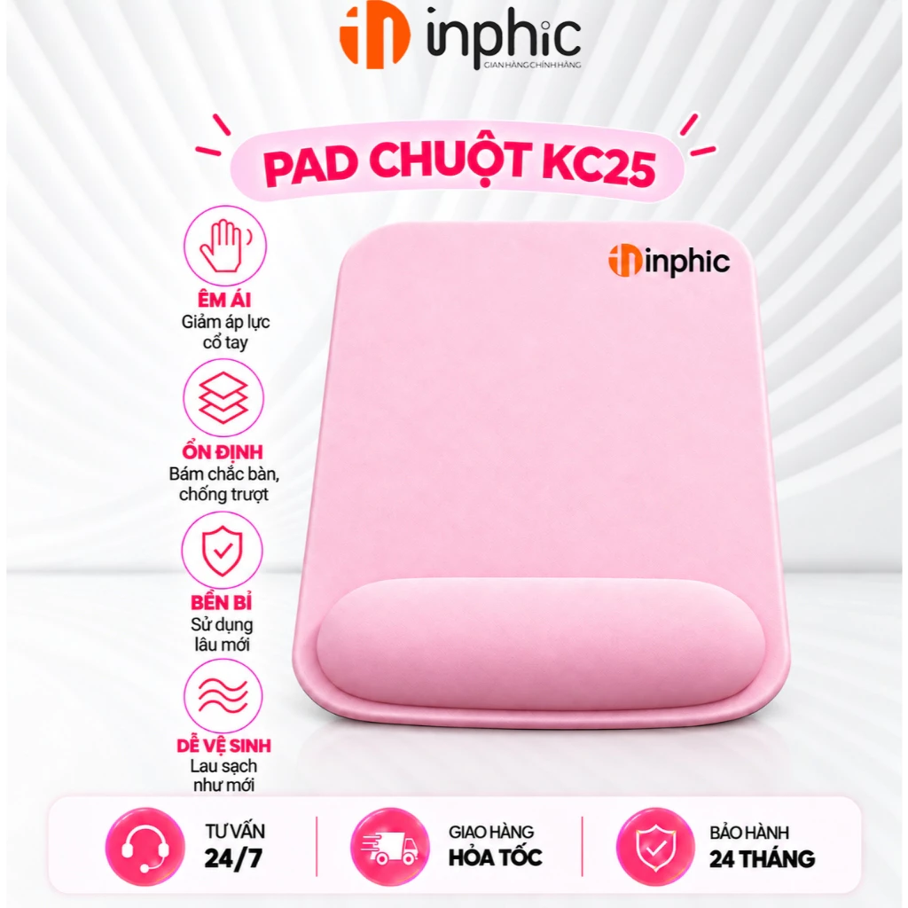 Lót chuột kê tay pad đệm tay INPHIC KC25 hồng trà cute văn phòng êm ái chống mỏi cổ tay đệm không trượt chống nước