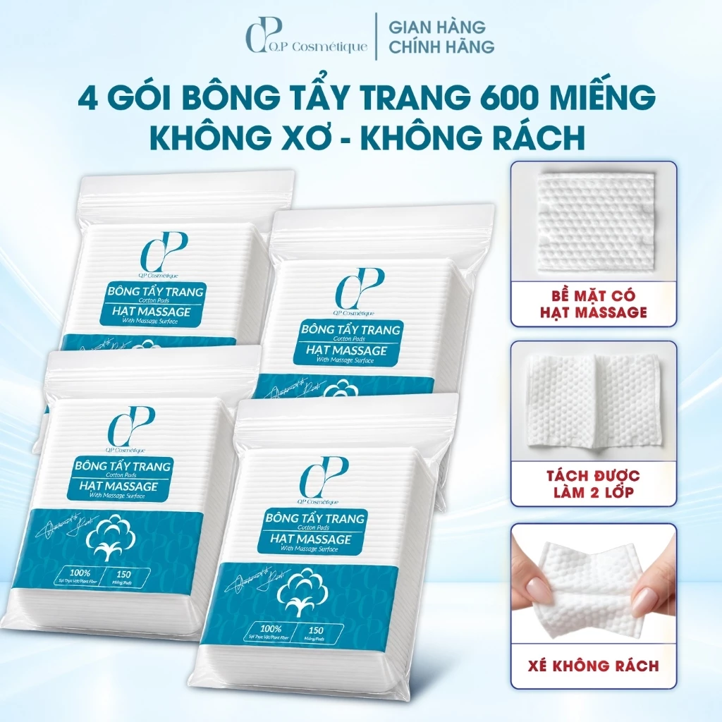 Combo 4 Gói | 600 Miếng Bông Tẩy Trang Q.P Cosmétique Không Xơ Không Rách, Hạt Massage Sạch Sâu