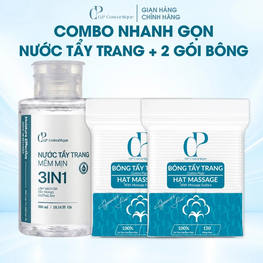 Combo Nhanh Gọn Nước Tẩy Trang + Bông Tẩy Trang Q.P Cosmétique | Làm Sạch Dịu Nhẹ Hằng Ngày