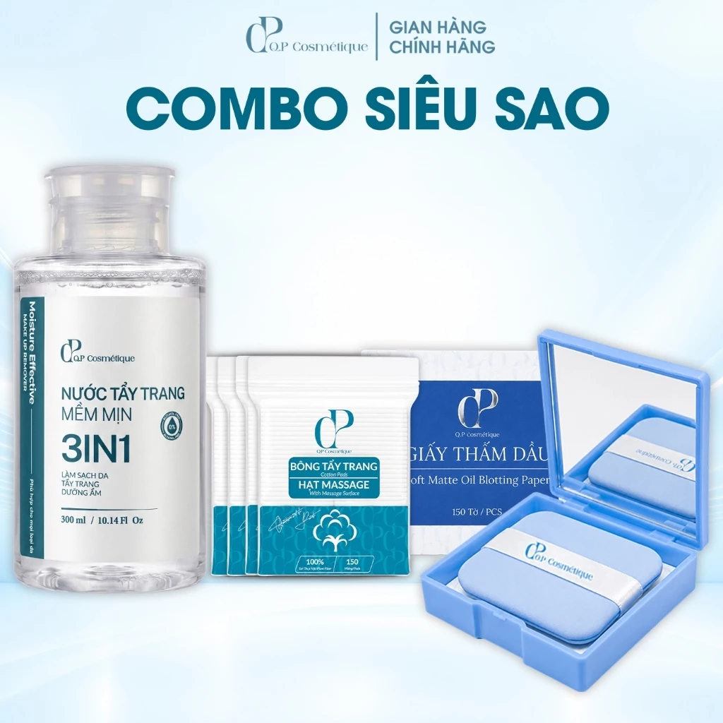 Combo Siêu Sao Q.P Cosmétique | Nước Tẩy Trang + Combo Bông Tẩy Trang + Hộp Giấy Thấm Dầu