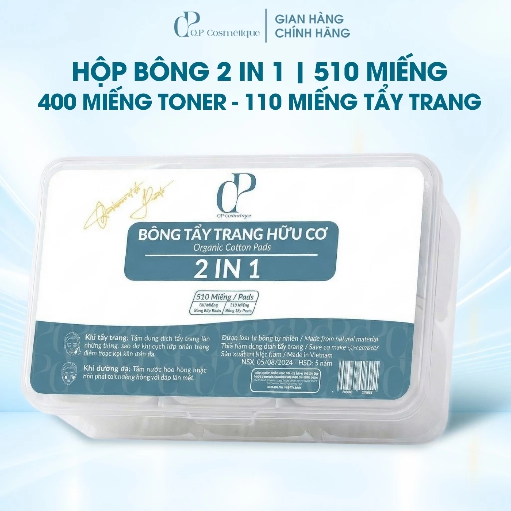 HỘP 510 MIẾNG 2IN1 Gồm 110 Miếng Bông Tẩy Trang Kèm 400 Miếng Bông Đắp Toner Q.P Cosmétique