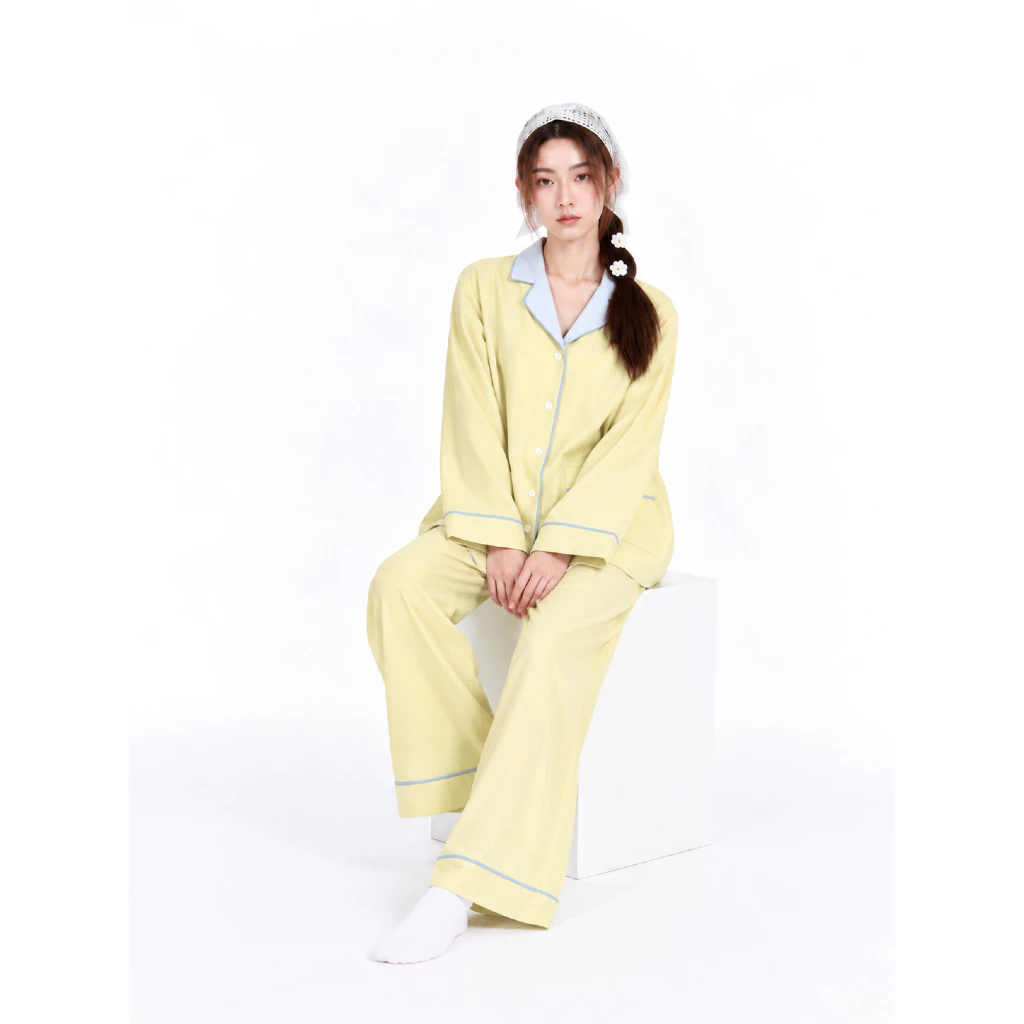 [ Fit to sleep ] MELLOW – Bộ Đồ Ngủ Nữ Pijama Dài Tay Quần Dài Form Rộng Phối Viền Phong Cách Hàn Quốc