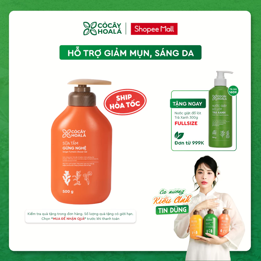 Sữa Tắm Gừng Nghệ Cỏ Cây Hoa Lá 500g Làm Sạch Sâu, Mờ Thâm Mụn