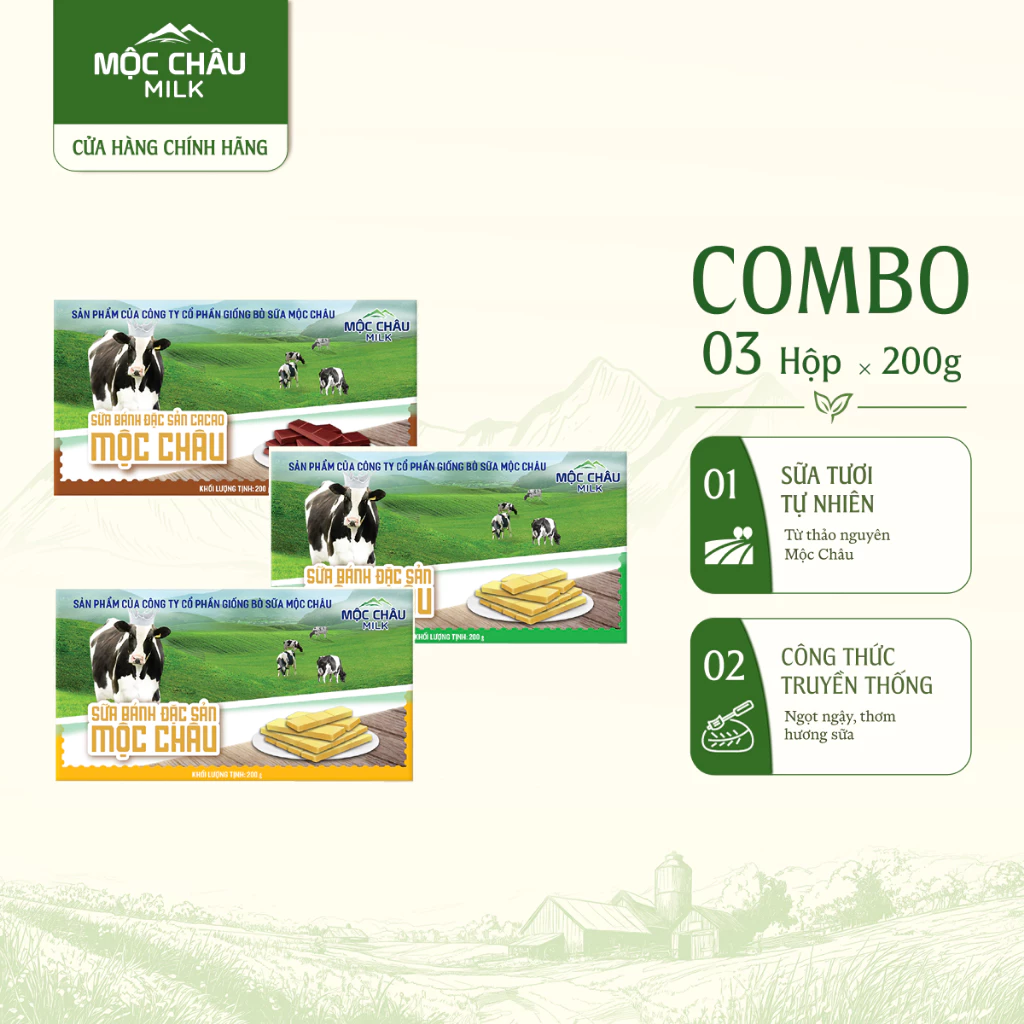 Combo 3 Hộp 200g Bánh Sữa Đặc Sản & Vị Cacao Mộc Châu Milk