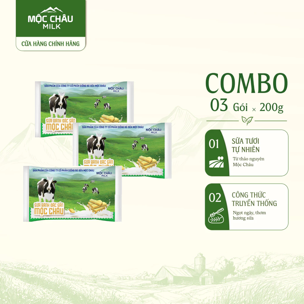 Combo 3 Gói Bánh Sữa Đặc Sản Mộc Châu Milk 200g