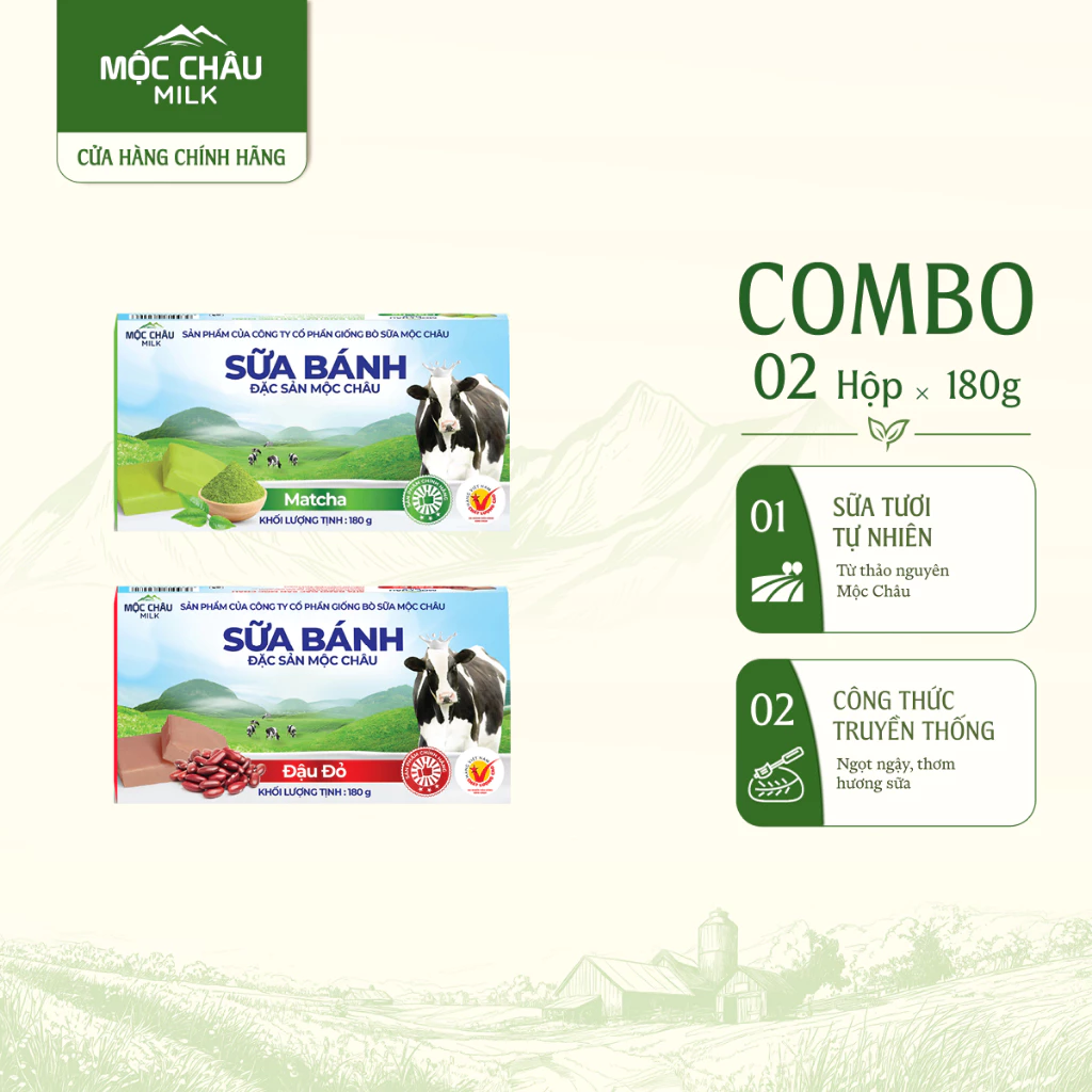 Combo 4 Hộp Bánh Sữa Vị Matcha & Đậu Đỏ Mộc Châu Milk 180g