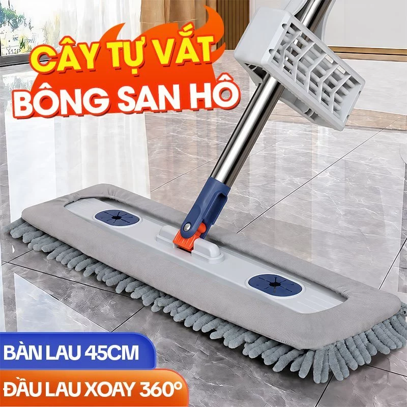 Cây Lau Nhà Tự Vắt KITIMOP CORAL KTMC-01, Chổi Lau Nhà Tự Vắt Thông Minh Xoay 360 Độ, 2 Bông Lau