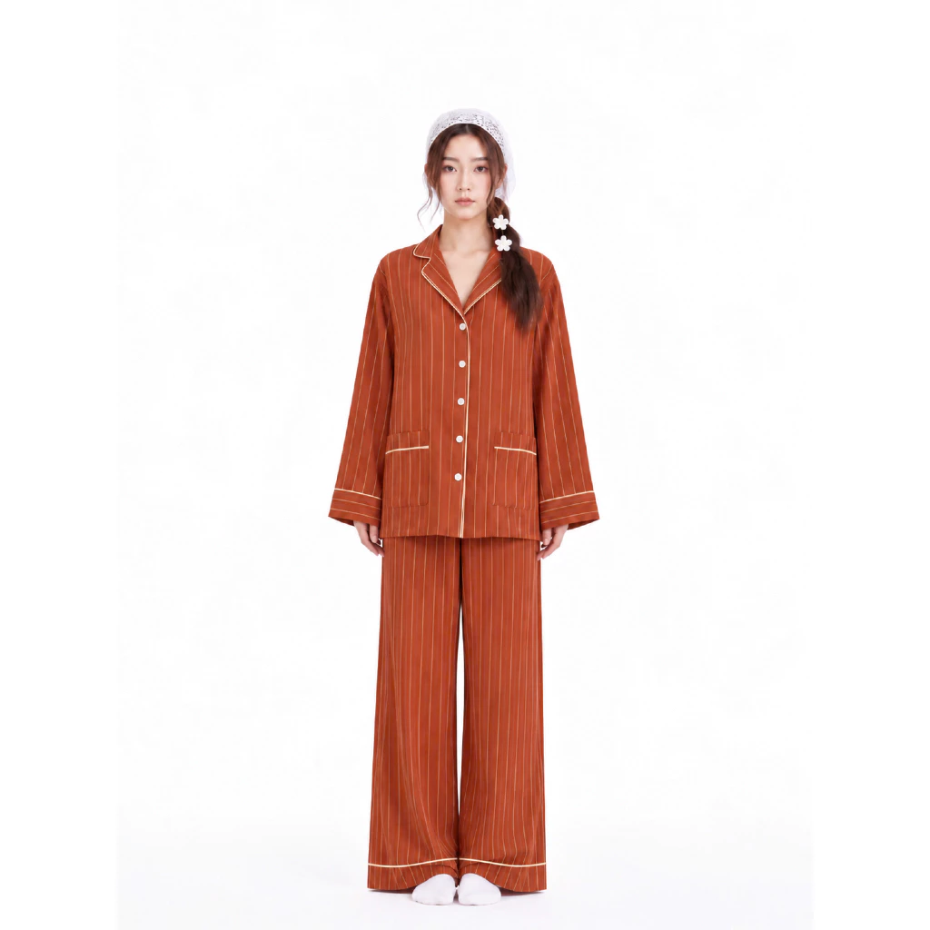 [ Fit to sleep ] EMBER – Bộ Pijama Nữ Dài Tay Sọc Dọc Form Rộng Phối Viền