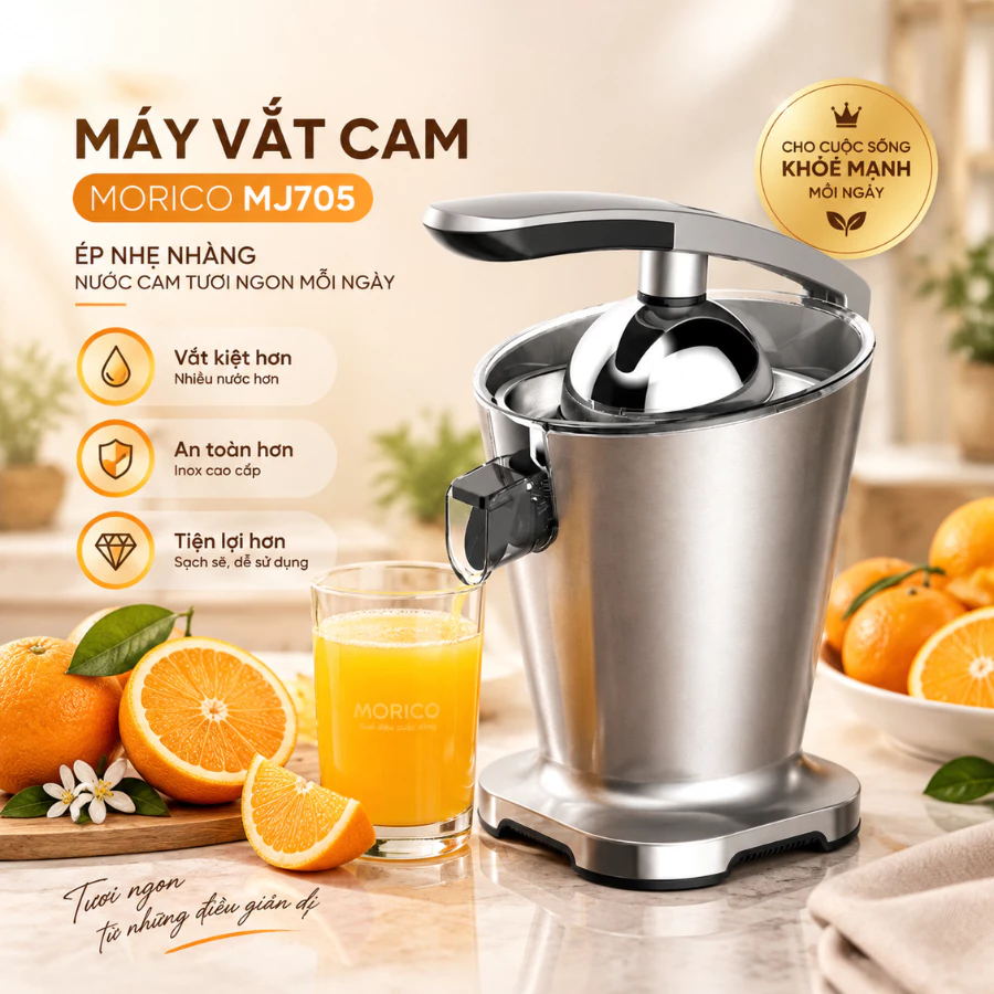 Máy Vắt Cam MORICO MJ705 200W, 2 Đầu Vắt Cam Chanh,Máy Ép Cam Điện Trợ Lực, Inox Cao Cấp, Vòi Rót Chống Nhỏ Giọt