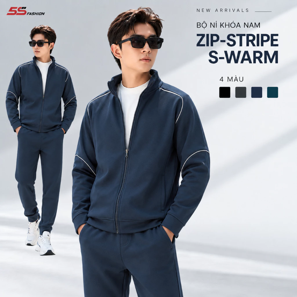 [GIÁ MỞ BÁN]Quần Áo Nỉ Khóa Nam ZIP-STRIPE S-WARM 5S FASHION Cao Cấp, Phối Line Khỏe Khoắn MBNKR5027