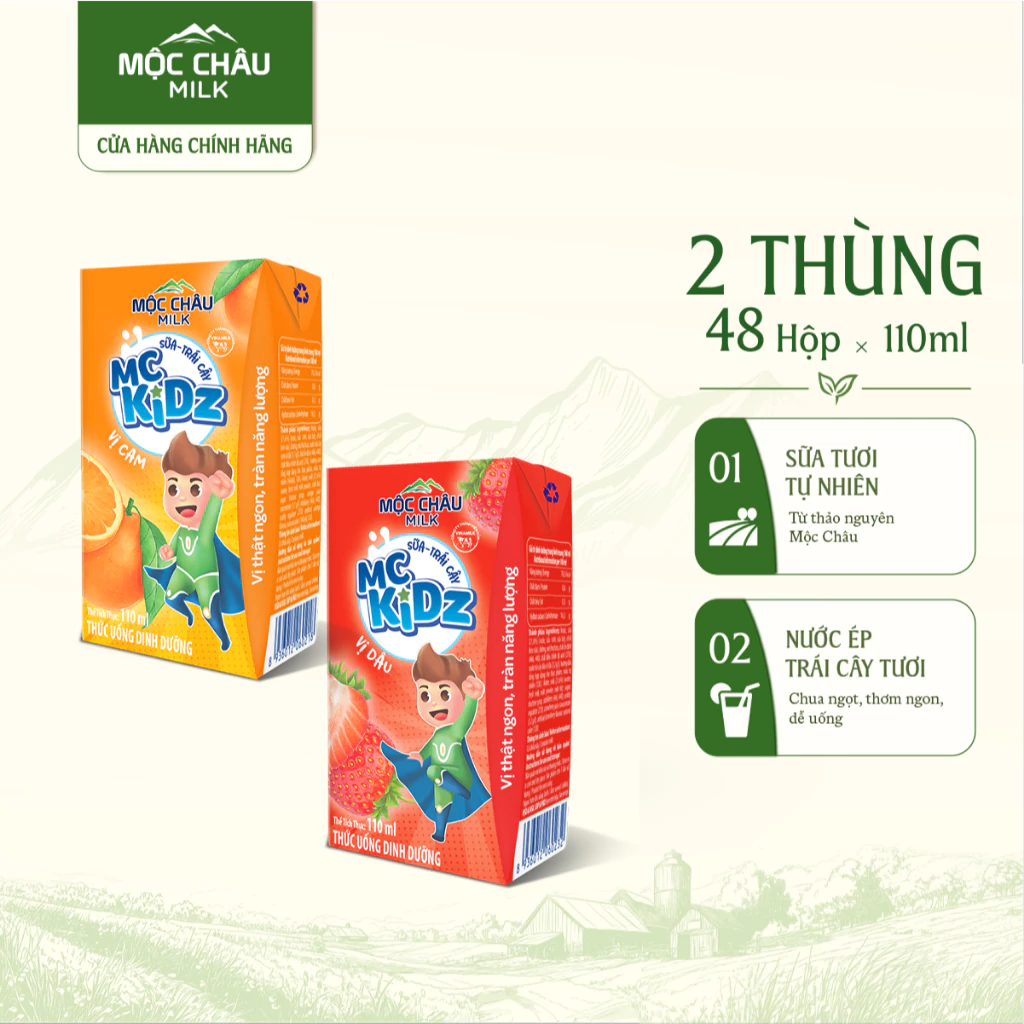 Combo 2 Thùng 24 Hộp Sữa Trái Cây MC Kidz Vị Cam & Dâu Mộc Châu Milk 110ml