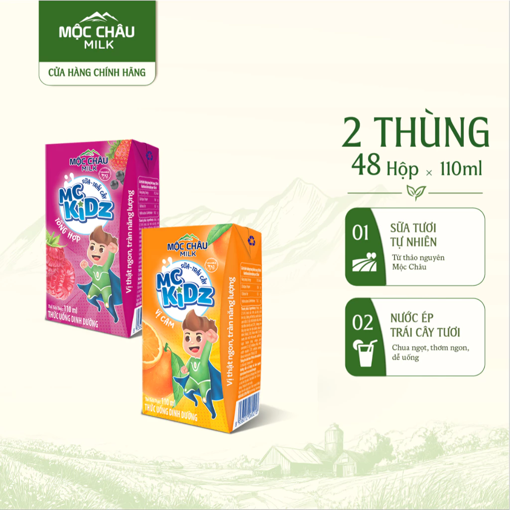Combo 2 Thùng 24 Hộp Sữa Trái Cây MC Kidz Vị Cam & Tổng Hợp Mộc Châu Milk 110ml
