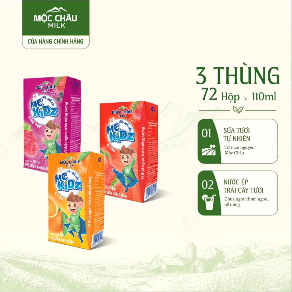 Combo 3 Thùng Mix Vị MC Kidz Cam, Dâu, Tổng hợp Mộc Châu Milk 110ml