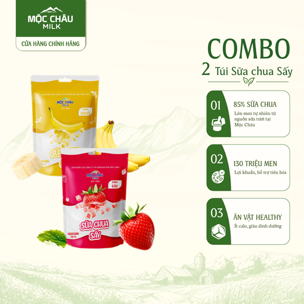 Combo 2 Gói Sữa Chua Sấy Vị Chuối & Vị Dâu Mộc Châu Milk 18g