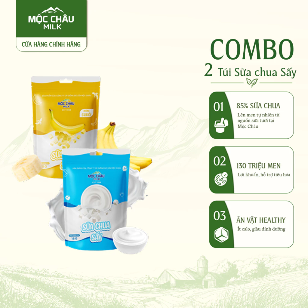 Combo 2 Gói Sữa Chua Sấy Vị Chuối & Vị Sữa Mộc Châu Milk 18g