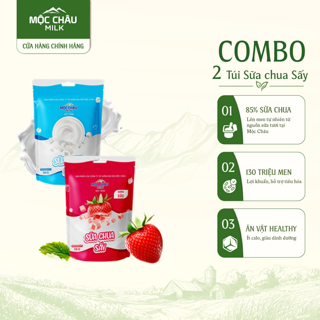 Combo 2 Gói Sữa Chua Sấy Vị Dâu & Vị Sữa Mộc Châu Milk 18g