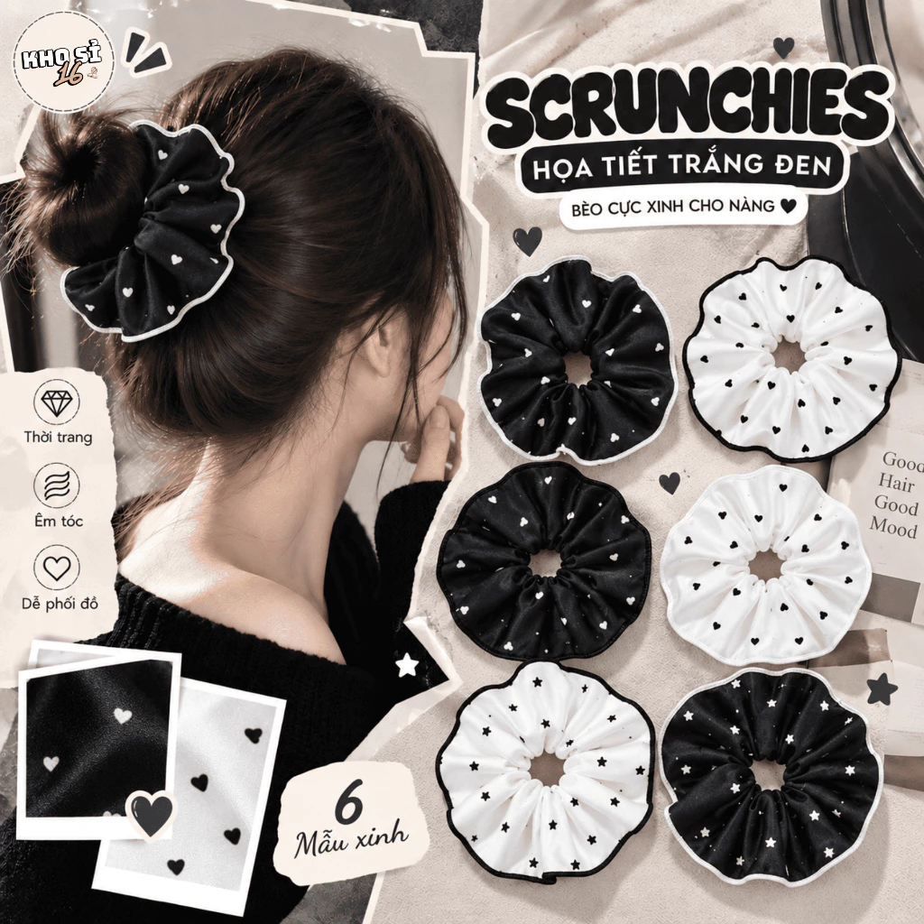 Chun Cột Tóc Nữ Scrunchie Bản Rộng Họa Tiết Ngôi Sao Trái Tim, Tone Đen Trắng Thanh Lịch Dễ Phối Đồ_khosi16-SC07