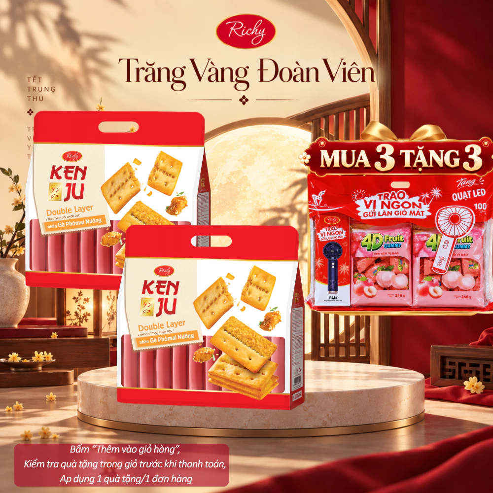 [HỎA TỐC HN] [MUA 3 TẶNG 3 QUÀ] Combo 2 Túi Bánh Quy Giòn Kenju 2 Lớp Vị Gà Phô Mai Nướng x 216g/túi (16 gói)
