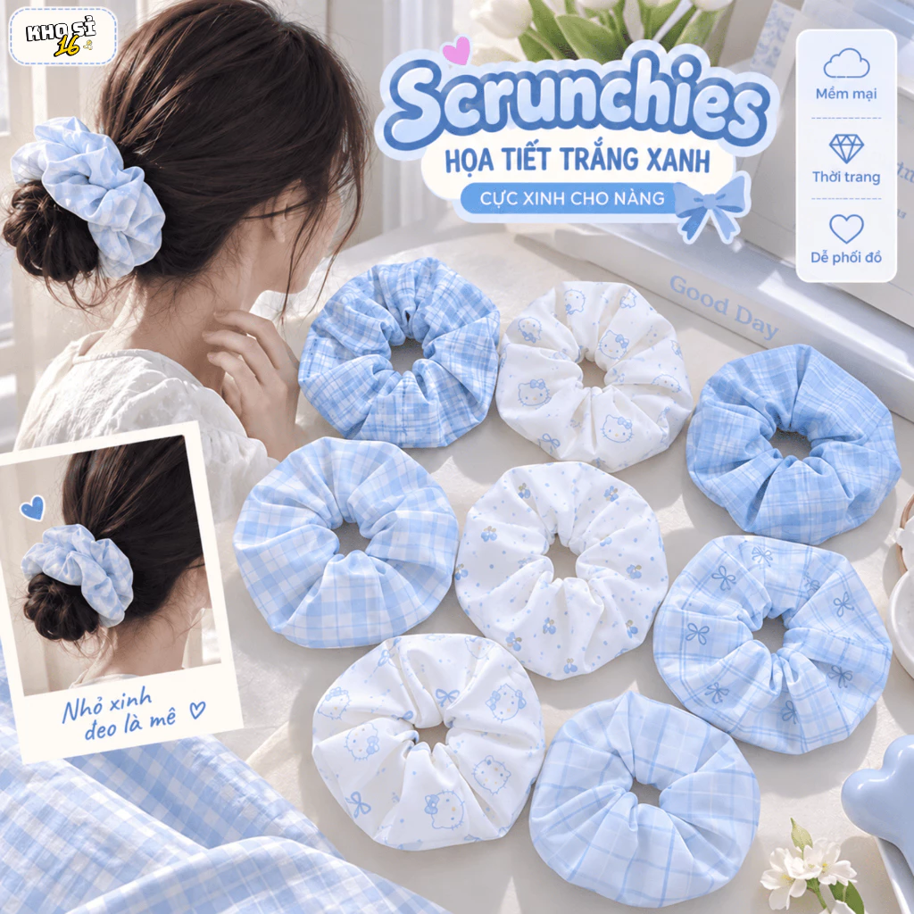Vòng Cột Tóc Scrunchies Bản Lớn Nhiều Mẫu Mèo, Dây Buộc Tóc Vải Mềm Họa Tiết Pastel Phong Cách Vintage_khosi16-SC08