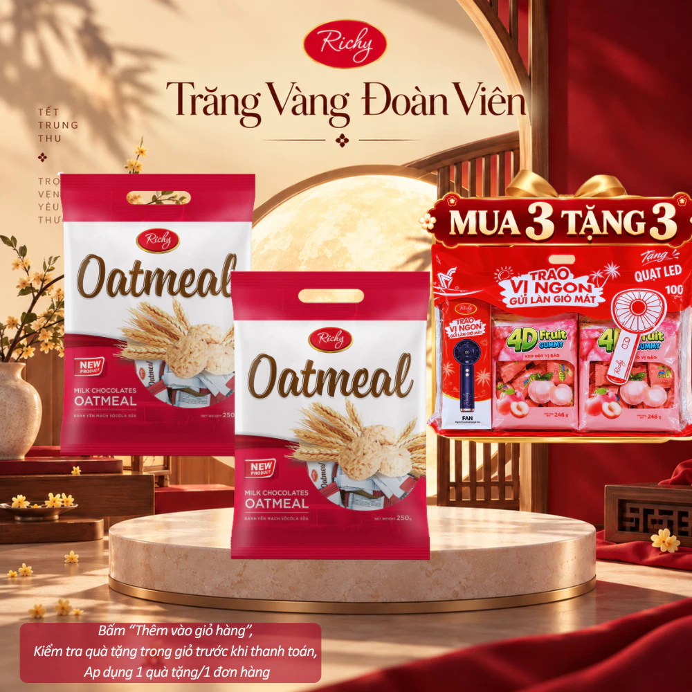 [HỎA TỐC HN] [MUA 3 TẶNG 3 QUÀ] Combo 2 Túi Bánh Yến Mạch Richy Oatmeal Vị Sữa (250gr/túi)