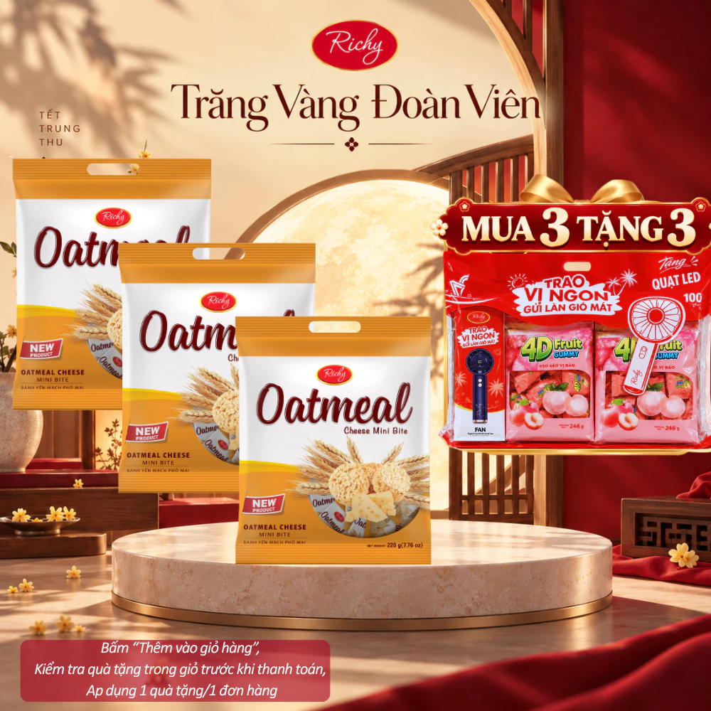 [HỎA TỐC HN] [MUA 3 TẶNG 3 QUÀ] Combo 3 túi bánh yến mạch Oatmeal Richy 220g-250g