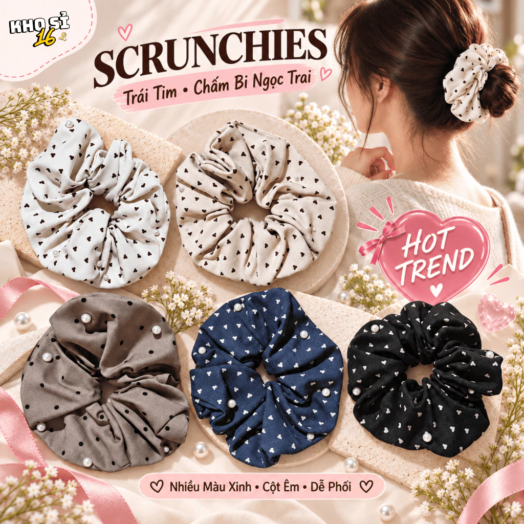 Scrunchies Bản Lớn Họa Tiết Tim Nhỏ Đính Ngọc Trai Dây Buộc Tóc Vải Mềm Xinh Phong Cách Hàn Quốc _khosi16-SC09