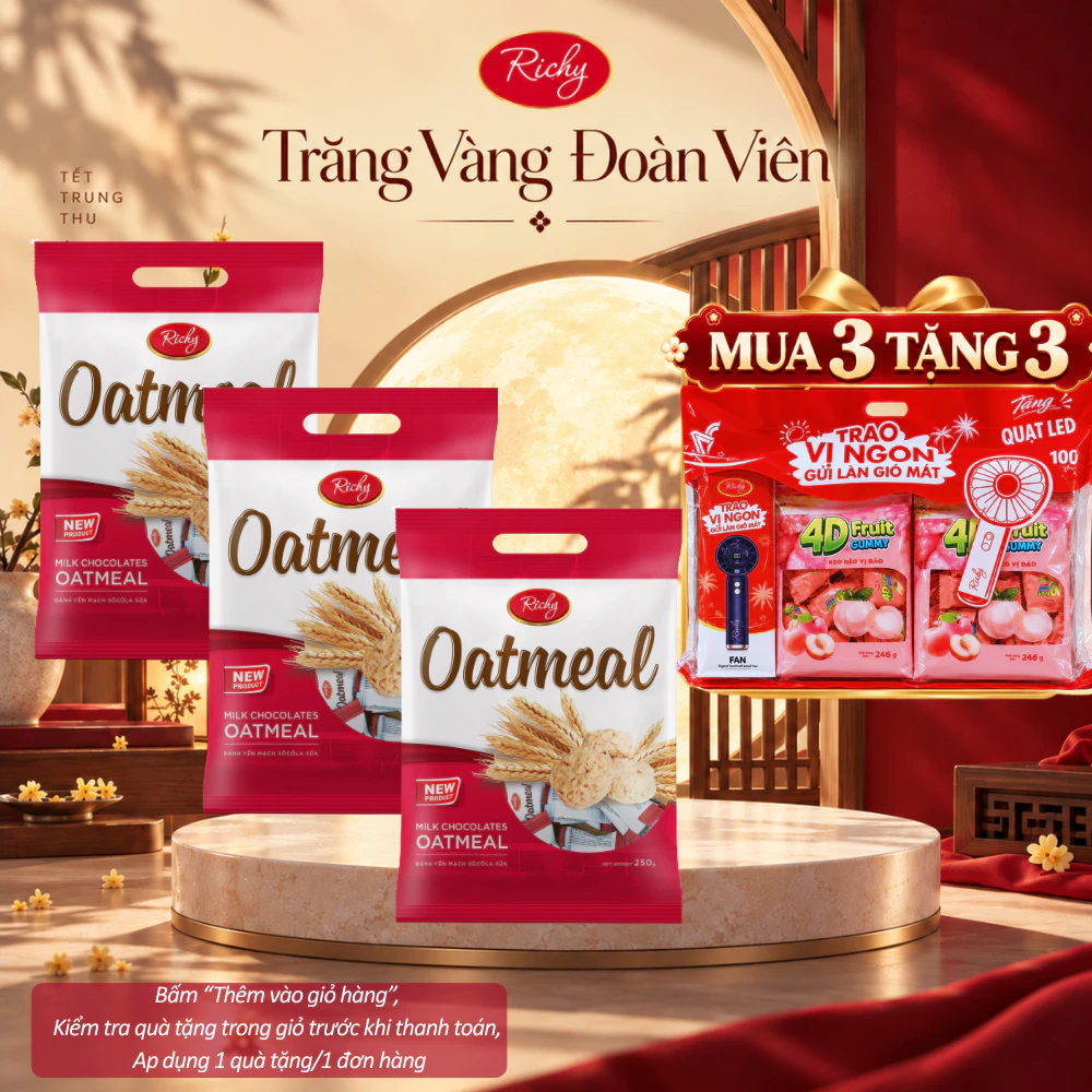 [HỎA TỐC HN] [MUA 3 TẶNG 3 QUÀ] Combo 3 túi bánh yến mạch Oatmeal Richy túi to 220g-250g