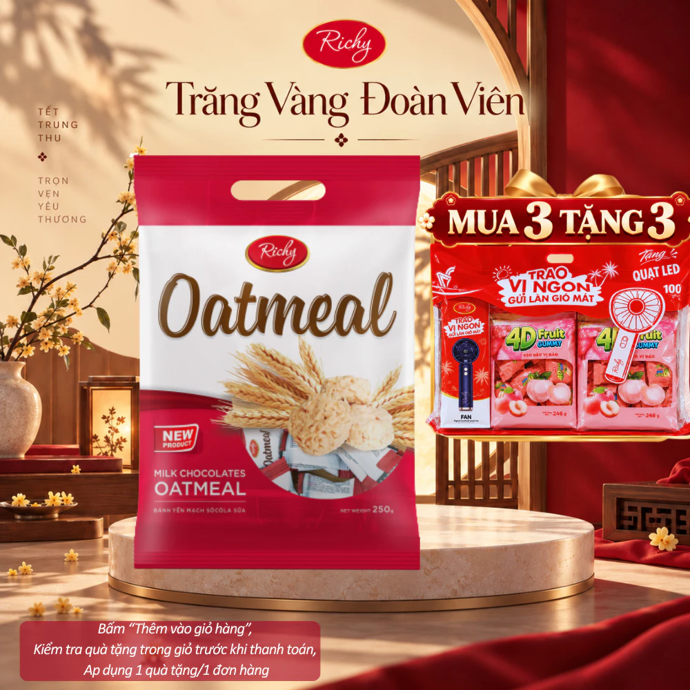 [HỎA TỐC HN] [MUA 3 TẶNG 3 QUÀ] Bánh Yến mạch Richy Oatmeal Túi 250g New